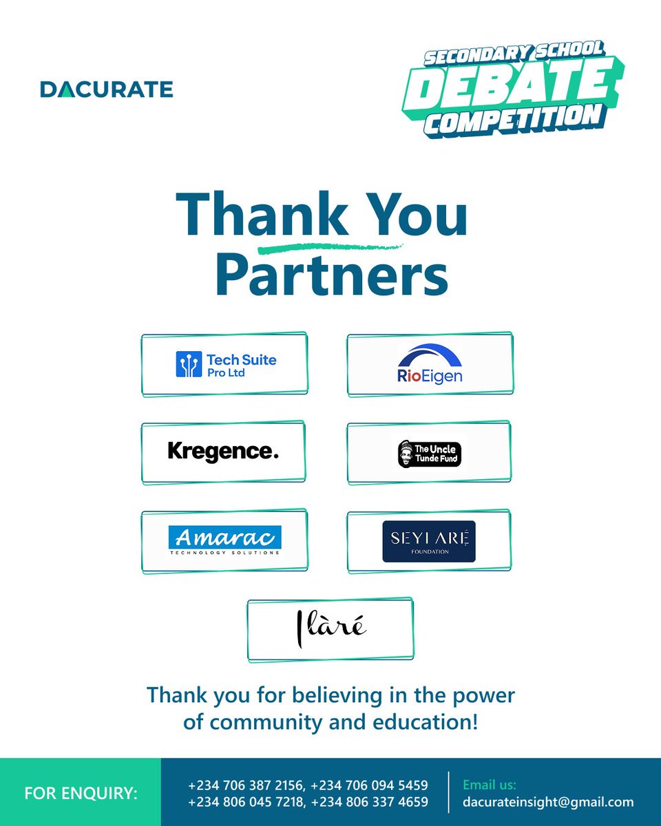 To our partners, thank you for standing with us to empower young minds.

Together, we’re shaping the future!

#DacurateDebate
#LeadershipandTechnology 
#2025DacurateSecondarySchoolDebate