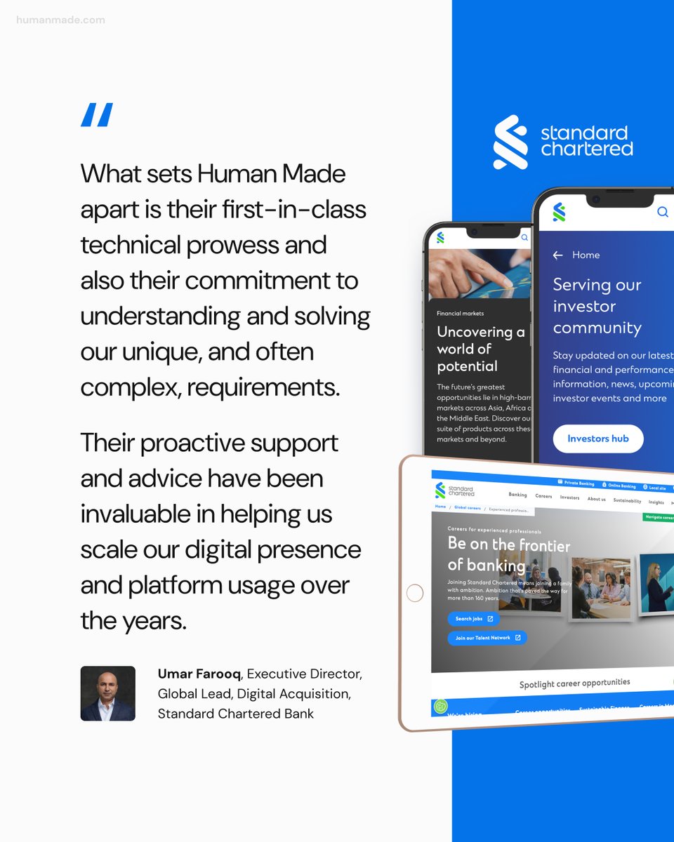 humanmadeltd's tweet photo. When trust is at the heart of a partnership, remarkable things happen ❤️

Since 2015, Human Made has worked with @StanChart  to power digital banking across 29 markets and 1,500+ editors — built on shared ambition, innovation, and trust.

Here’s to partnerships that last 🔥 https://t.co/HKcq9u5rMQ