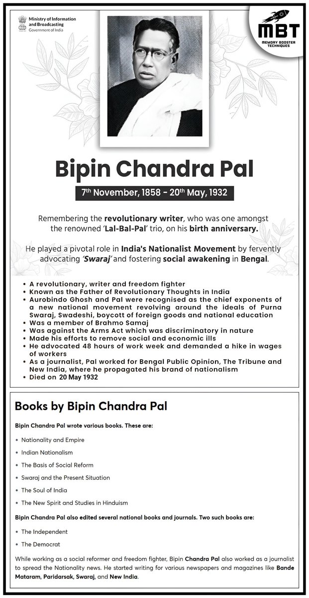 omprakash678's tweet image. My humble tributes to #Bipin #ChandraPal on his Birthday...

#BipinChandraPal was a true patriot and pillar of #India&apos;s #freedom struggle. His relentless pursuit of #Swaraj and social reforms continues to inspire generations...