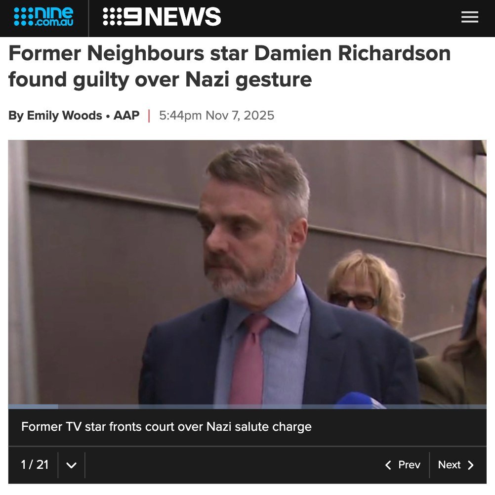 Australia is not a serious country. People are being dragged before the courts and threatened with prison time for illegal hand movements.

"Damien Richardson was found guilty of performing a gesture that 'resembles a Nazi salute' in a public place."