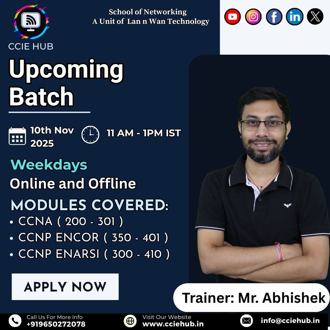 cciehub's tweet image. 📢 New Batch Alert at CCIE HUB!

📞 Call/WhatsApp: +91 9650272078
🌐 Visit: cciehub.in
📧 Email: info@cciehub.in
👉 Apply Now and Secure Your Seat!

#CCIEHUB #NetworkingTraining #CCNA #CCNP #CiscoTraining #OnlineClasses #OfflineClasses #NetworkEngineer #ITCareer