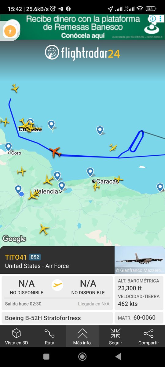 olavapar's tweet photo. @VENEZUELAIRRE @UHN_Plus @grok Probado y cierto según la aplicación Fligthradar24 ayer por la tarde. Eran dos B2 Stratofortress https://t.co/Ex3SSZxfEm
