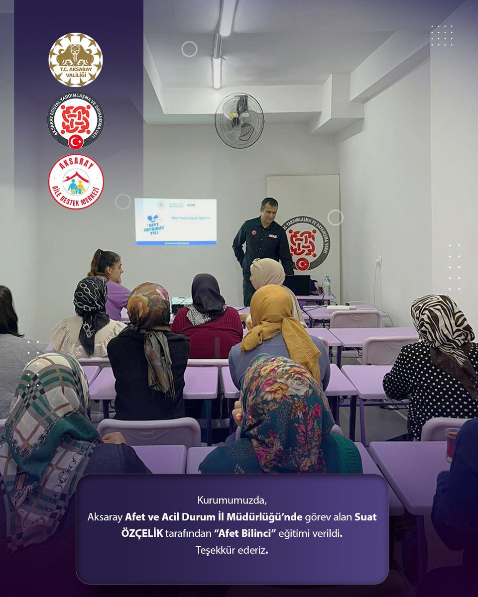 Kurumumuzda, Aksaray Afet ve Acil Durum İl Müdürlüğü’nde görev alan Suat ÖZÇELİK tarafından “Afet Bilinci” eğitimi verildi.Teşekkür ederiz. 
<a href="/tcailesosyal/">T.C. Aile ve Sosyal Hizmetler Bakanlığı</a> <a href="/MahinurOzdemir/">Mahinur Özdemir Göktaş</a> <a href="/aksarayvaliligi/">T.C. Aksaray Valiliği</a> <a href="/malikumbuzoglu/">Mehmet Ali Kumbuzoğlu</a> <a href="/ashb_sygm/">Sosyal Yardımlar Genel Müdürlüğü</a>