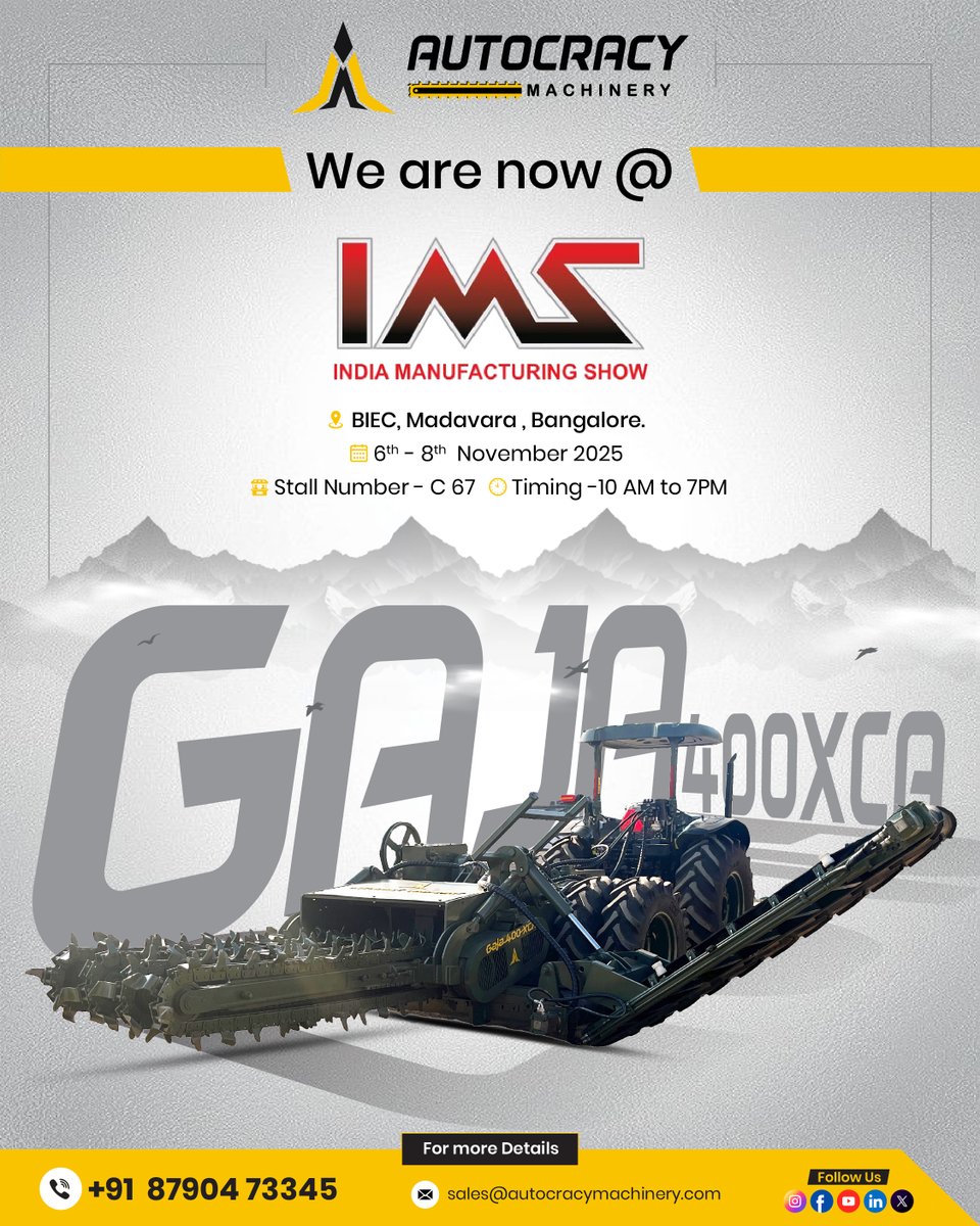 aceautocracy's tweet photo. We’re live at the India Manufacturing Show 2025!
Come visit #AutocracyMachinery at Stall C-67, BIEC, Bangalore, and witness the power of our innovation.

📅 6th–8th Nov | 🕙 10 AM–7 PM
Let’s connect, collaborate, and build the future of manufacturing together!

#IMS2025 https://t.co/VPrwJUjZ6o