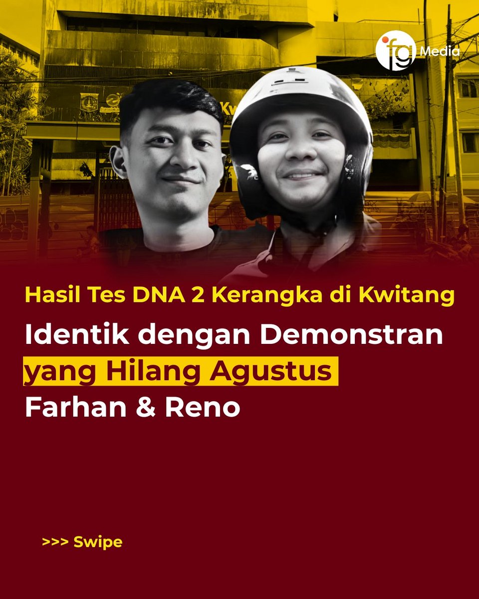 officialfgmedia's tweet image. Kepolisian akhirnya mengumumkan hasil tes DNA 2 kerangka yang ditemukan di gedung Kwitang. 

Polisi pastikan kedua kerangka tersebut identik dengan Reno Syahputra Dewo dan Muhammad Farhan Hamid, orang yang hilang usai demonstrasi Agustus lalu.

Kok bisa kerangka keduanya ada di…