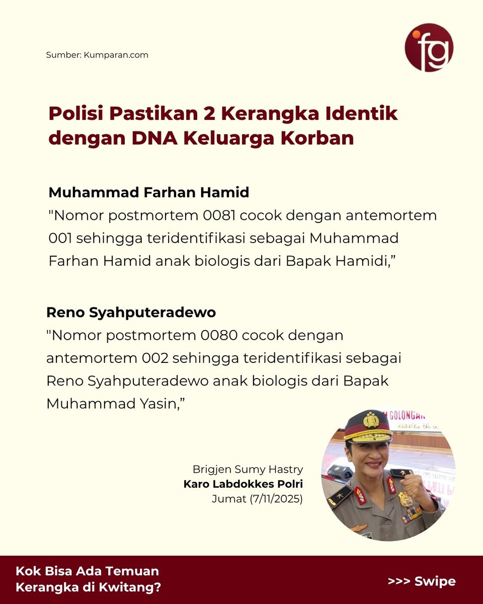 officialfgmedia's tweet image. Kepolisian akhirnya mengumumkan hasil tes DNA 2 kerangka yang ditemukan di gedung Kwitang. 

Polisi pastikan kedua kerangka tersebut identik dengan Reno Syahputra Dewo dan Muhammad Farhan Hamid, orang yang hilang usai demonstrasi Agustus lalu.

Kok bisa kerangka keduanya ada di…