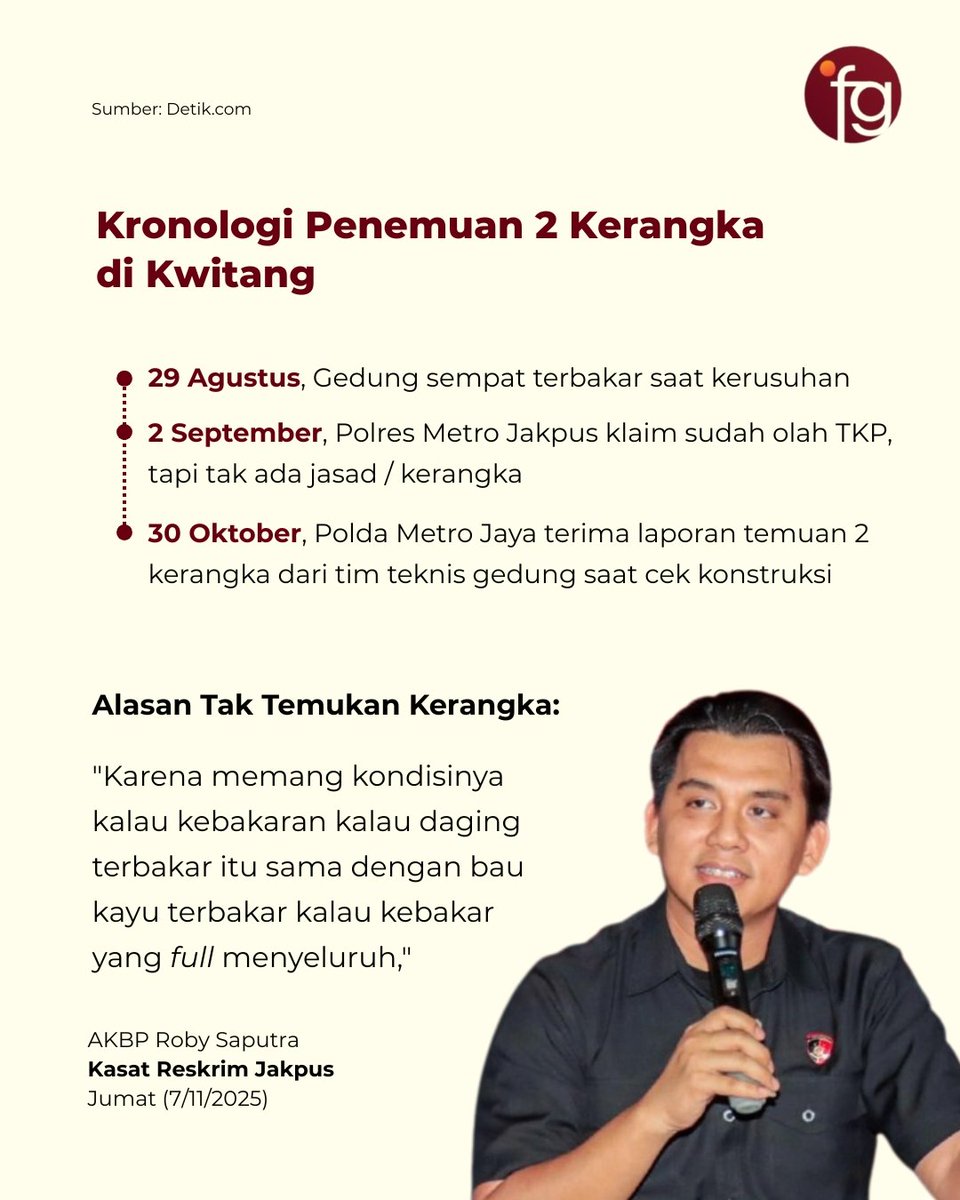 officialfgmedia's tweet image. Kepolisian akhirnya mengumumkan hasil tes DNA 2 kerangka yang ditemukan di gedung Kwitang. 

Polisi pastikan kedua kerangka tersebut identik dengan Reno Syahputra Dewo dan Muhammad Farhan Hamid, orang yang hilang usai demonstrasi Agustus lalu.

Kok bisa kerangka keduanya ada di…