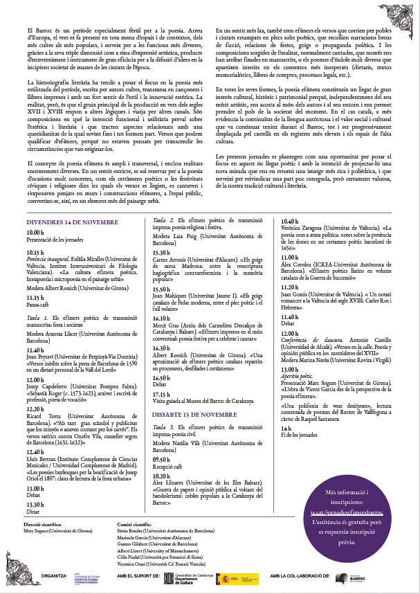 Nise_UdG's tweet image. La setmana vinent celebrarem les jornades &quot;Efímers poètics del Barroc. Evidències i rastres del vers&quot; al @museudelbarroc. L&apos;assistència és gratuïta, prèvia inscripció  👇  Us hi esperem! 

ja.cat/jornadesefimer…