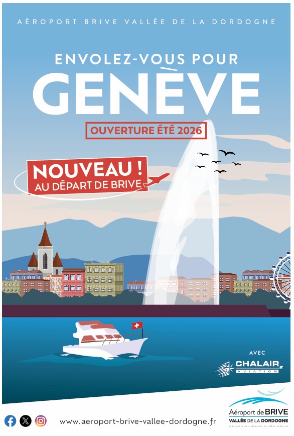 FlyingBrive's tweet image. 🛫 NOUVEAUTÉ ÉTÉ 2026 !
2 nouvelles destinations s’envolent depuis Brive 🌍
✨ Strasbourg
✨ Genève
Avec @ChalairA, partez à la découverte de l’Alsace, de la Suisse et de leurs trésors culturels, en juillet &amp;amp; août 2026
#AeroportBrive #Chalair @GeneveAeroport @aeroport_sxb