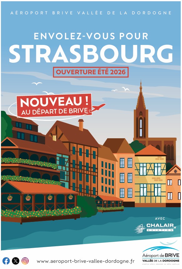 FlyingBrive's tweet image. 🛫 NOUVEAUTÉ ÉTÉ 2026 !
2 nouvelles destinations s’envolent depuis Brive 🌍
✨ Strasbourg
✨ Genève
Avec @ChalairA, partez à la découverte de l’Alsace, de la Suisse et de leurs trésors culturels, en juillet &amp;amp; août 2026
#AeroportBrive #Chalair @GeneveAeroport @aeroport_sxb