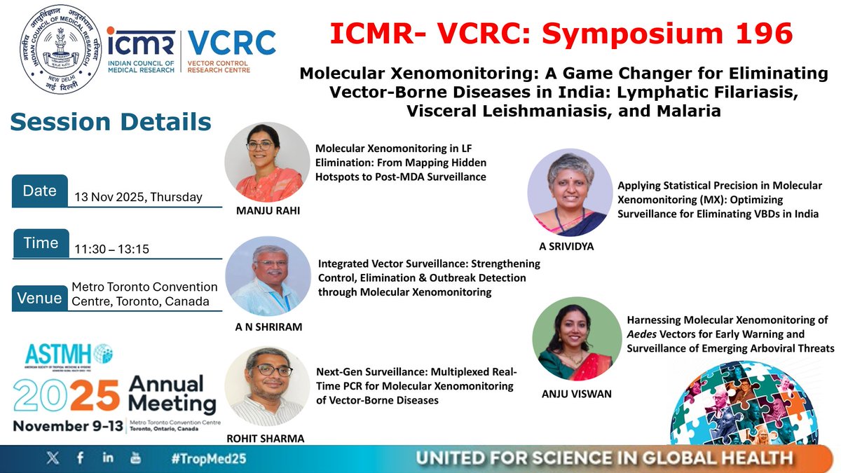 <a href="/ICMRVCRC/">ICMR-VCRC</a> is hosting Symposium 196 on Molecular Xenomonitoring at #ASTMH2025 (Nov 9-13, Toronto)! 🦟🔬 Don't miss our experts discussing this game-changer for eliminating LF, VL, &amp; Malaria in India. #TropMed25 #VBDs #GlobalHealth <a href="/ASTMH/">ASTMH</a> <a href="/ICMRDELHI/">ICMR</a> #VCRC50