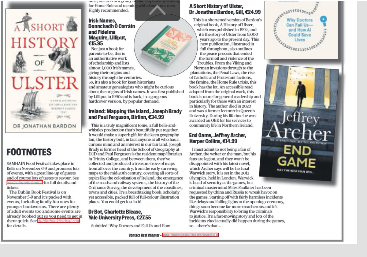 This week's reviews: Charlotte Blease's Dr Bot, Dara Kavanagh's Scorched Earth, Lilliput's Irish Names, Gill's A Short History of Ulster, Jeffrey Archer's End Game &amp; the beautiful Ireland: Mapping the Island <a href="/Gill_Books/">Gill Books</a> <a href="/LilliputPress/">The Lilliput Press</a> <a href="/dedaluspress/">Dedalus Press</a> <a href="/patriciamcveigh/">Patricia McVeigh</a> <a href="/BirlinnBooks/">birlinnbooks</a>