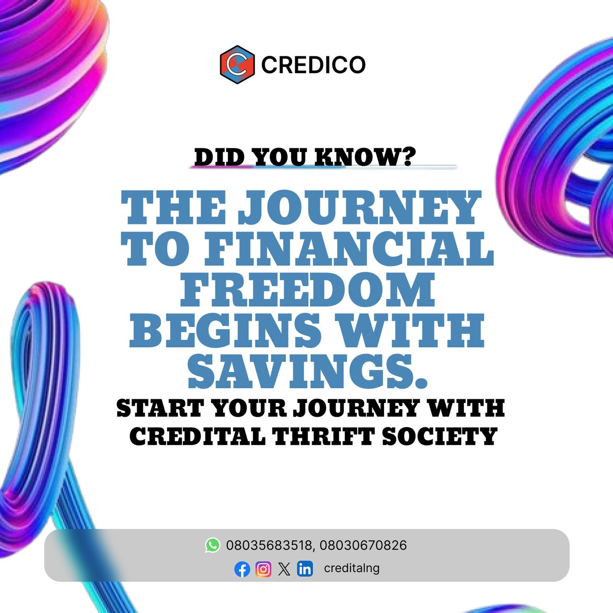 Credicosolution's tweet image. Did you know that the journey to financial freedom begins with a single step, savings?
 At CREDITAL Thrift Society, we believe that when people come together with a shared goal, financial empowerment becomes not just possible, but inevitable.
Join the wait list.