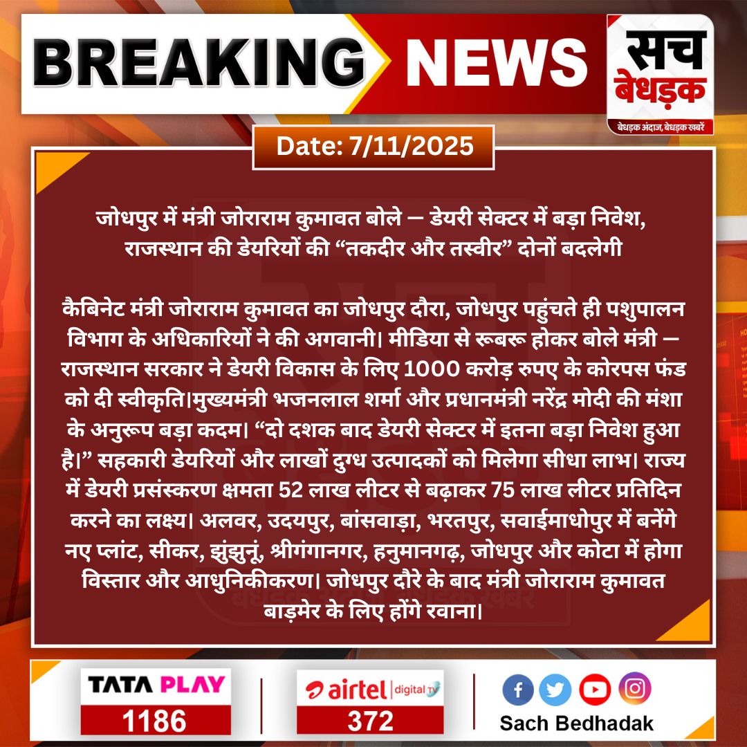 SachBedhadak's tweet image. #Jodhpur:  कैबिनेट मंत्री जोराराम कुमावत — डेयरी विकास के लिए 1000 करोड़ का कोरपस फंड, राज्य में डेयरी प्रसंस्करण क्षमता बढ़ाने और नए प्लांट लगाने की बड़ी घोषणा। 
@JoraramKumawat  
#Jodhpur #DairyDevelopment #RajasthanGovernment #sbnews #RajasthanNews #SachBedhadak #LatestNews