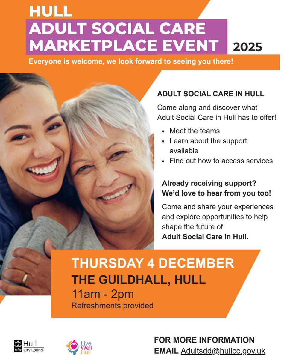Join us for the Annual Conversation for People at The Guildhall, Hull on Thursday 4 December from 11am - 2pm.
This is your chance to:
✅ Find out more about what Adult Social Care in Hull does 
 ✅ Meet the teams and chat at our marketplace-style stalls 
 ✅ Share your