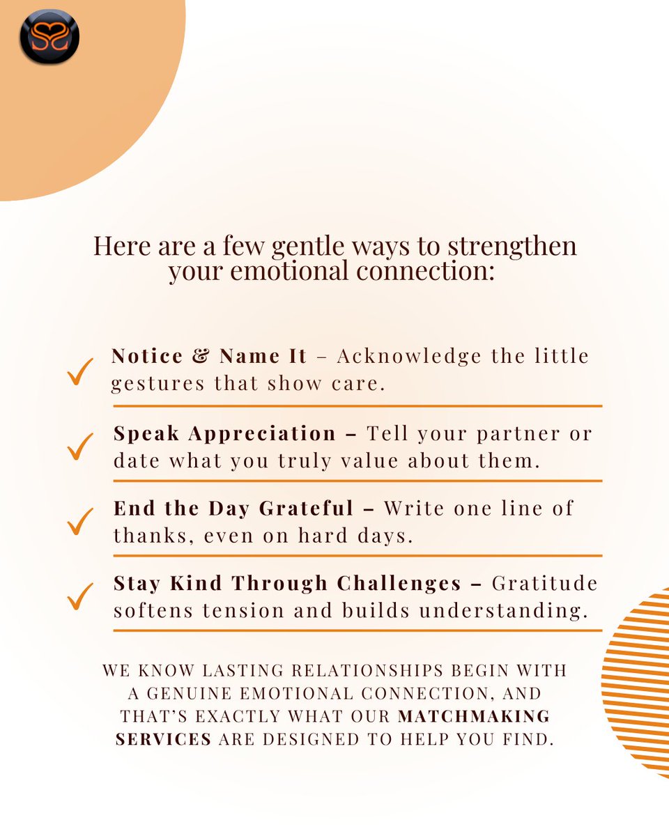 Emotional bonds thrive on appreciation. A simple “thank you” can turn an ordinary moment into a shared connection, one that makes both people feel seen, valued, and secure.  

#SeriousDating #RelationshipAdvice #GratitudePractice #MatchmakingUK #LoveInNovember