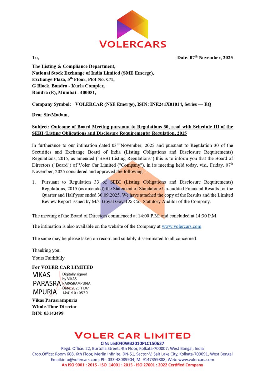 nileshkurhade's tweet photo. π Voler Car Limited informed the exchange about its approval for the financial results for the period ended September 30, 2025. #SME #VOLERCAR ππ§Ύ https://t.co/7PdrgVytKT