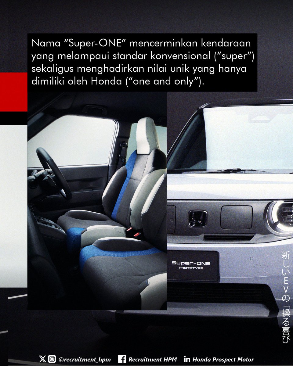 recruitment_hpm's tweet image. Super-ONE Prototype adalahcompact EV terbaru dariHonda yang menghadirkan sensasi berkendara seru dan membangkitkan semangat⚡🚘
Pertama kali tampil di Japan Mobility Show 2025, membawa joy of driving khasHonda kelevel baru.