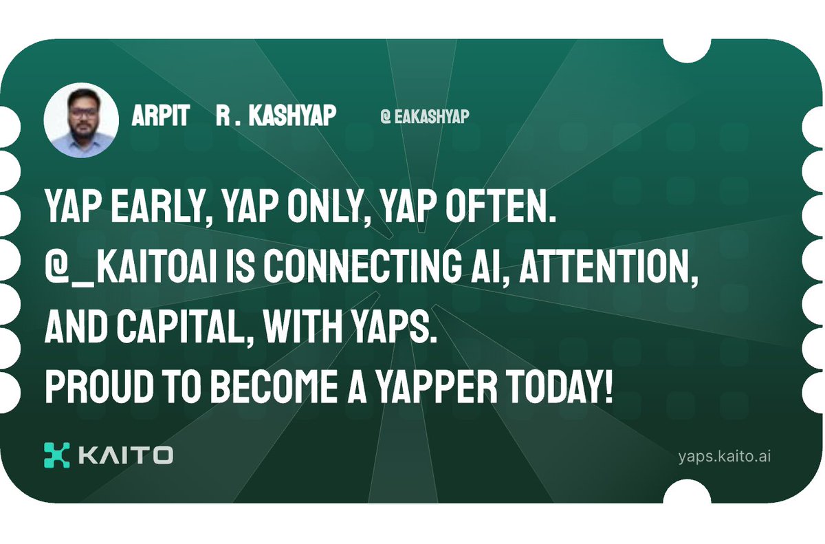 eakashyap's tweet image. Yap early, yap only, yap often.

@KaitoAI is connecting AI, attention and capital with Yaps.

Just claimed my social card and I&apos;m accumulating Yap points in real-time.

Claim yours 👉 yaps.kaito.ai/referral/23151…