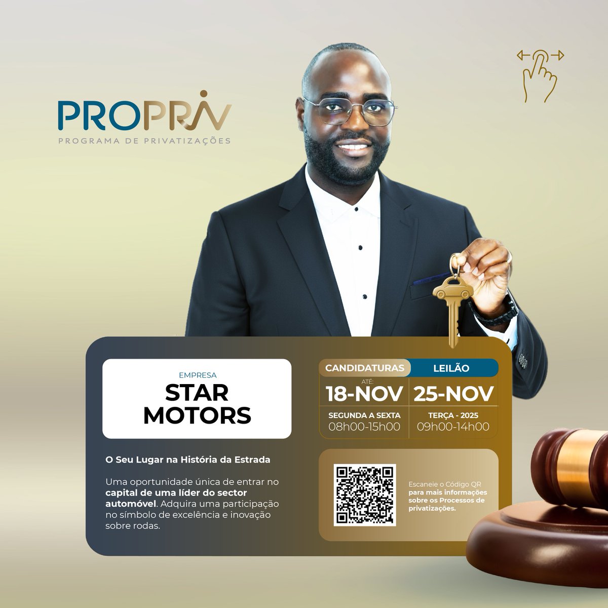 IGAPE_Angola's tweet image. 🚨 IGAPE abre concursos públicos para venda de participações em:
🔹 TOFA (5%)
🔹 STAR MOTORS (0,012%)
📅 Submissão até 18/11
🕘 Leilão: 25/11 | 09h–14h
🔗 leilaoigape.minfin.gov.ao
Aberto a investidores nacionais e estrangeiros.
#Investimento #Privatizações #IGAPE #TOFA #StarMotors