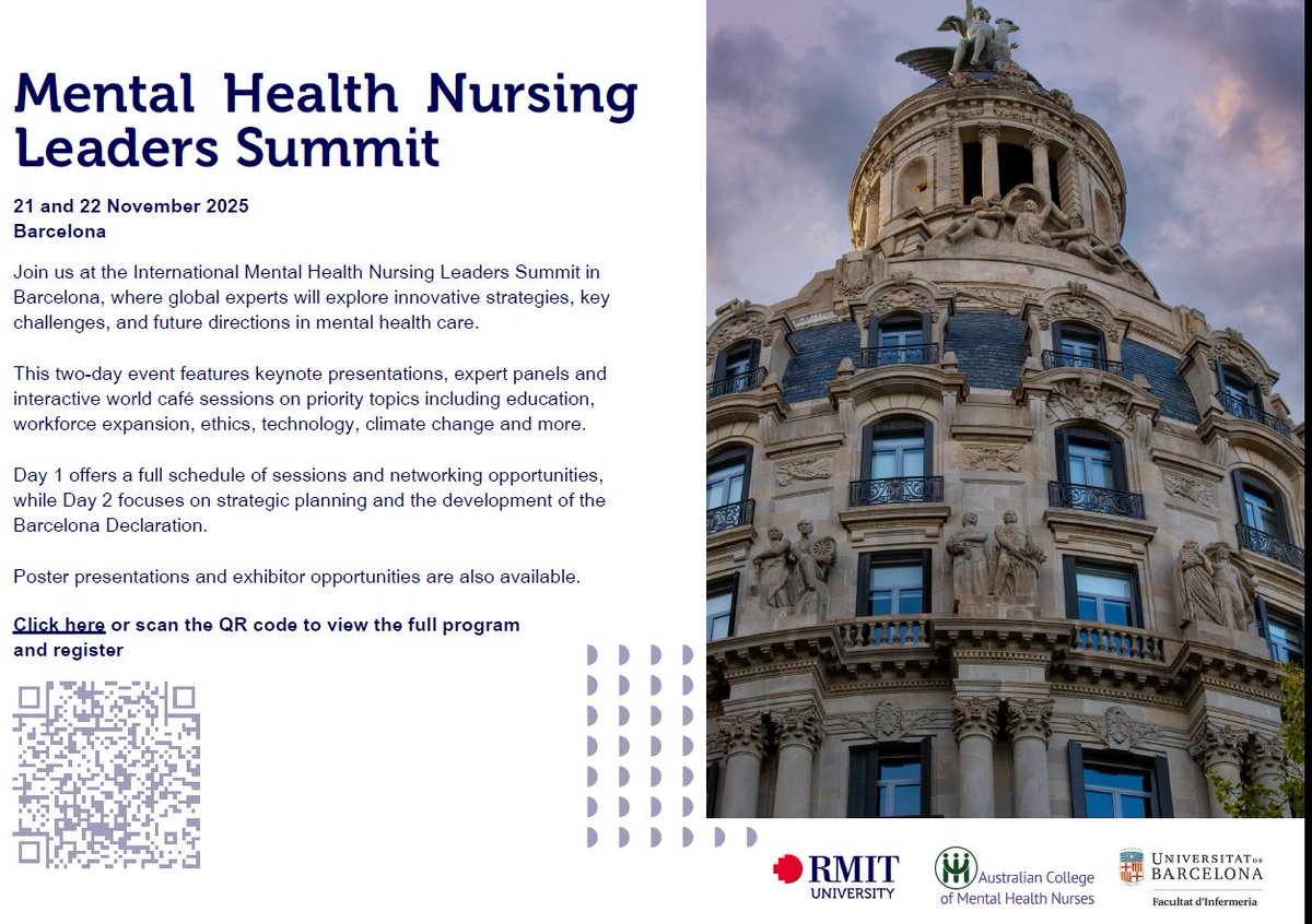 International summitt of mental health nursing leaders ➡️November 21 and 22 🌍Barcelona 
Working groups ➡️explore innovative strategies and collaboration in mental health care. eventbrite.es/e/mental-healt…