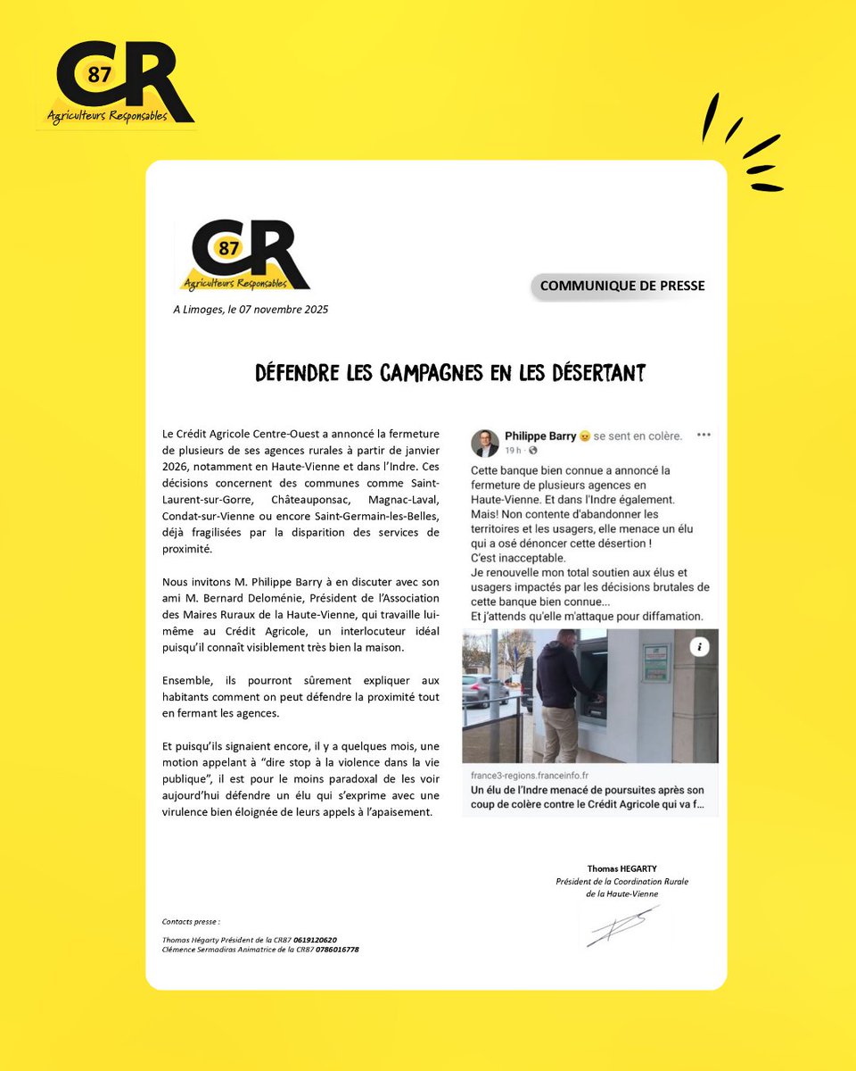 🔴 Défendre les campagnes en les désertant !

🟡⚫️ Retrouvez le communiqué de presse de la CR87 !