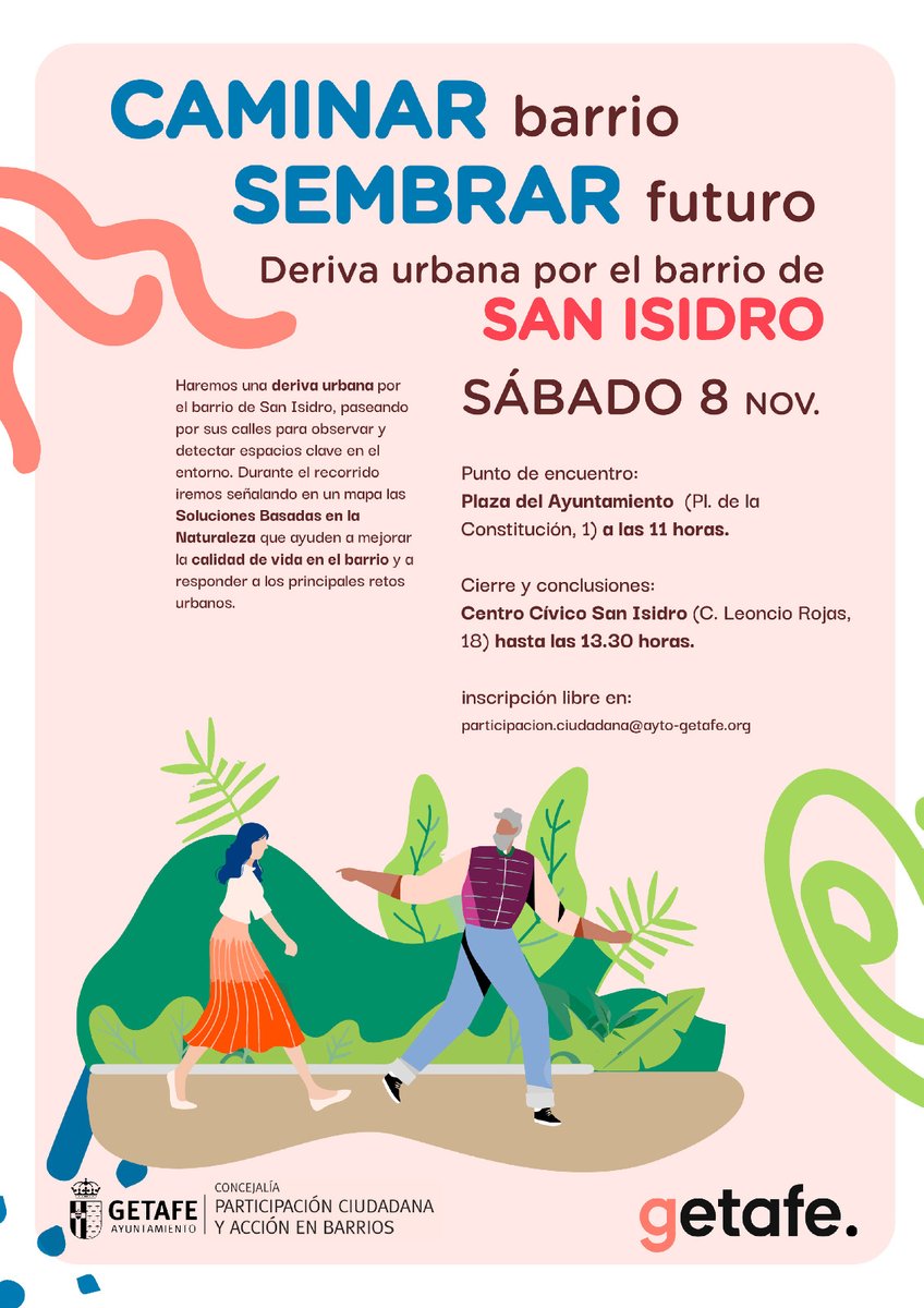 Mañana día 8 de noviembre, se realizará una deriva urbana por el barrio de San Isidro de #Getafe
 Puedes consultar más información en participa.getafe.es/DERIVA_URBANA
Inscripciones en participacion.ciudadana@ayto-getafe.org