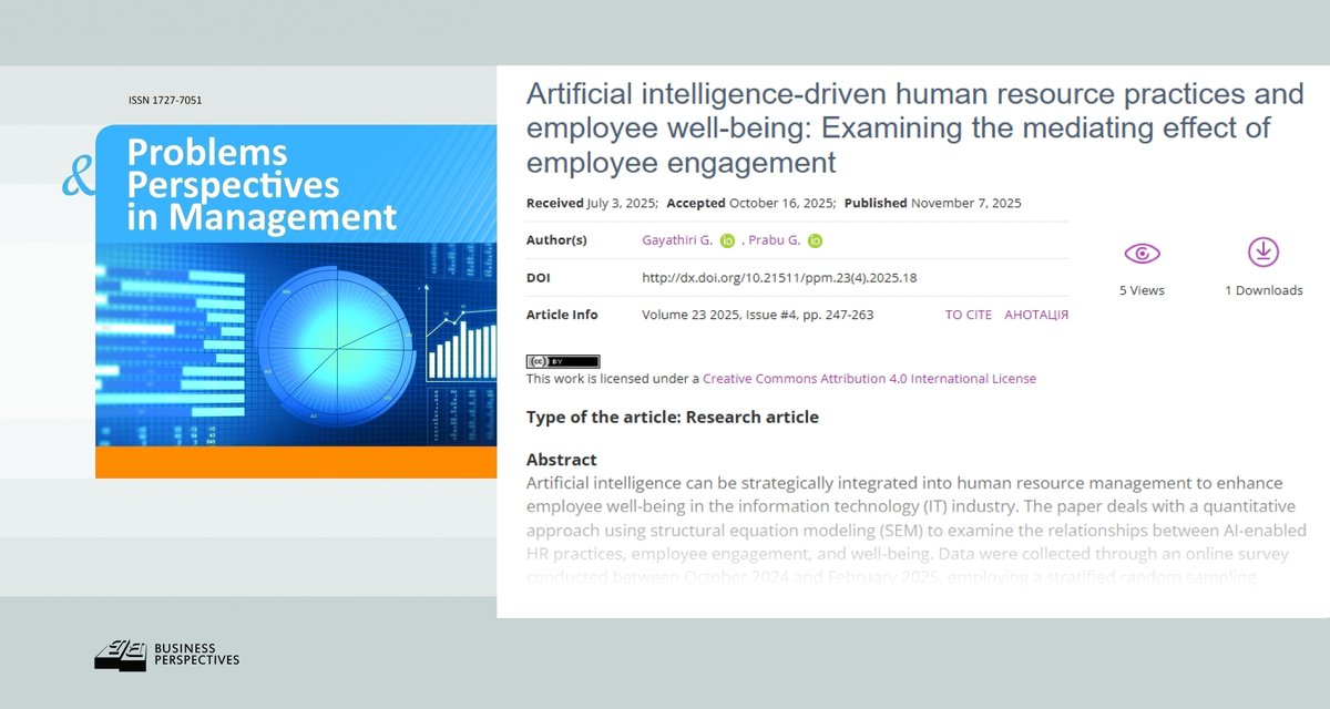 🔗 dx.doi.org/10.21511/ppm.2…
📝 Artificial intelligence-driven human resource practices and employee #wellbeing: Examining the mediating effect of employee engagement 
👥 Gayathiri G., Prabu G.

#Chennai #employeeengagement #India #informationtechnology #technology