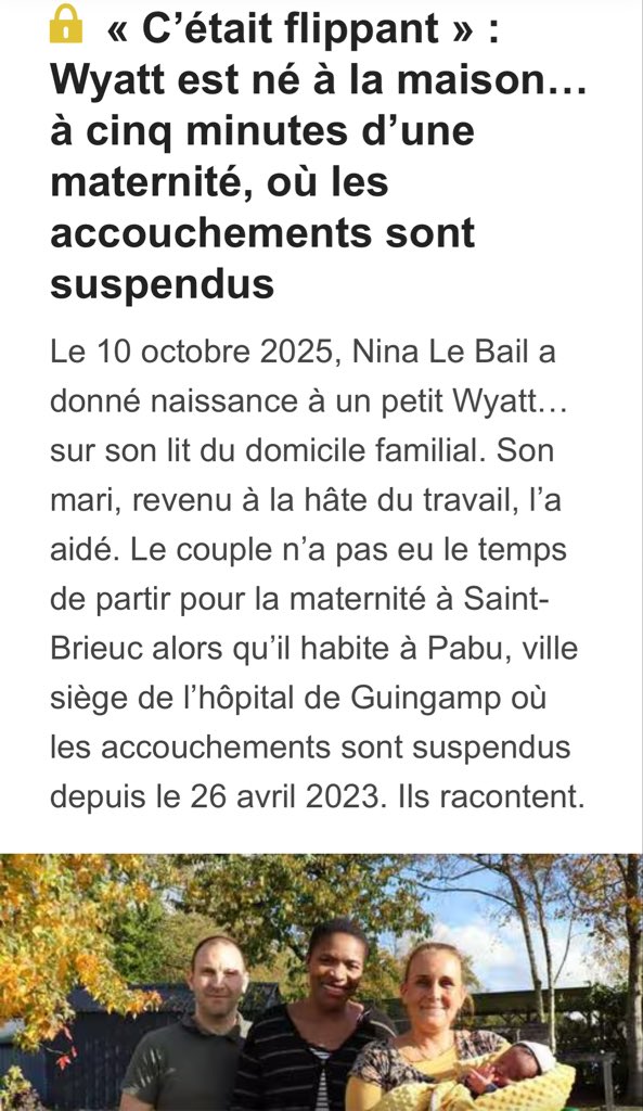 "Faire 30 minutes de route c'était impossible " 

Elle a donc accouché à la maison. Elle habite à 5mn de la maternité publique de #Guingamp #Gwengamp qui est suspendue depuis avril 2023. ouest-france.fr/bretagne/cotes…