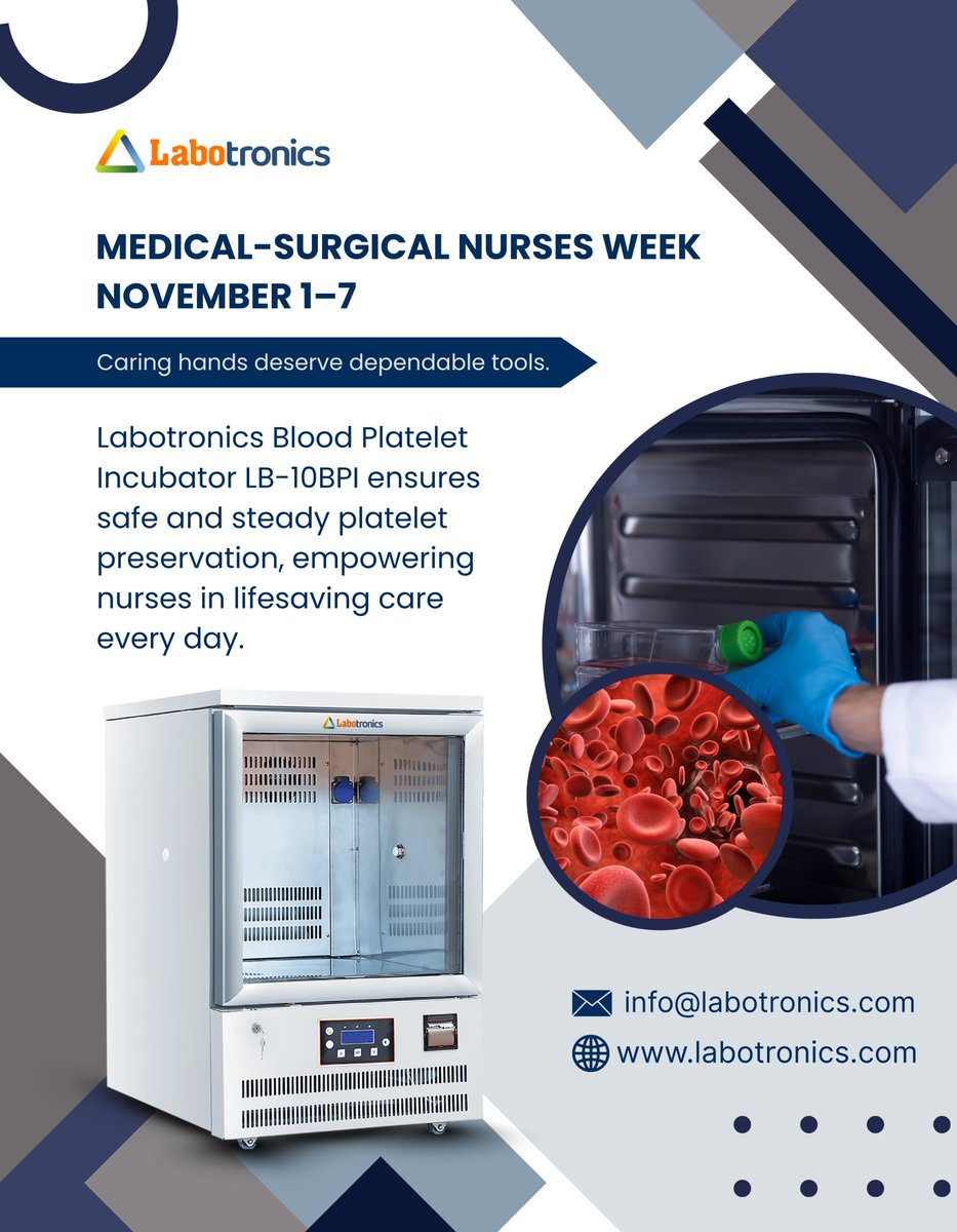 Labotronics's tweet image. Labotronics Blood Platelet Incubator LB-10BPI
Celebrating Medical-Surgical Nurses Week | Nov 1–7. Precision tools that support life-saving care.

📧 info@labotronics.com
🔗 labotronics.com/blood-platelet…

#labotronics #nursesweek #bloodplatelet #medicalequipment #clinicalcare