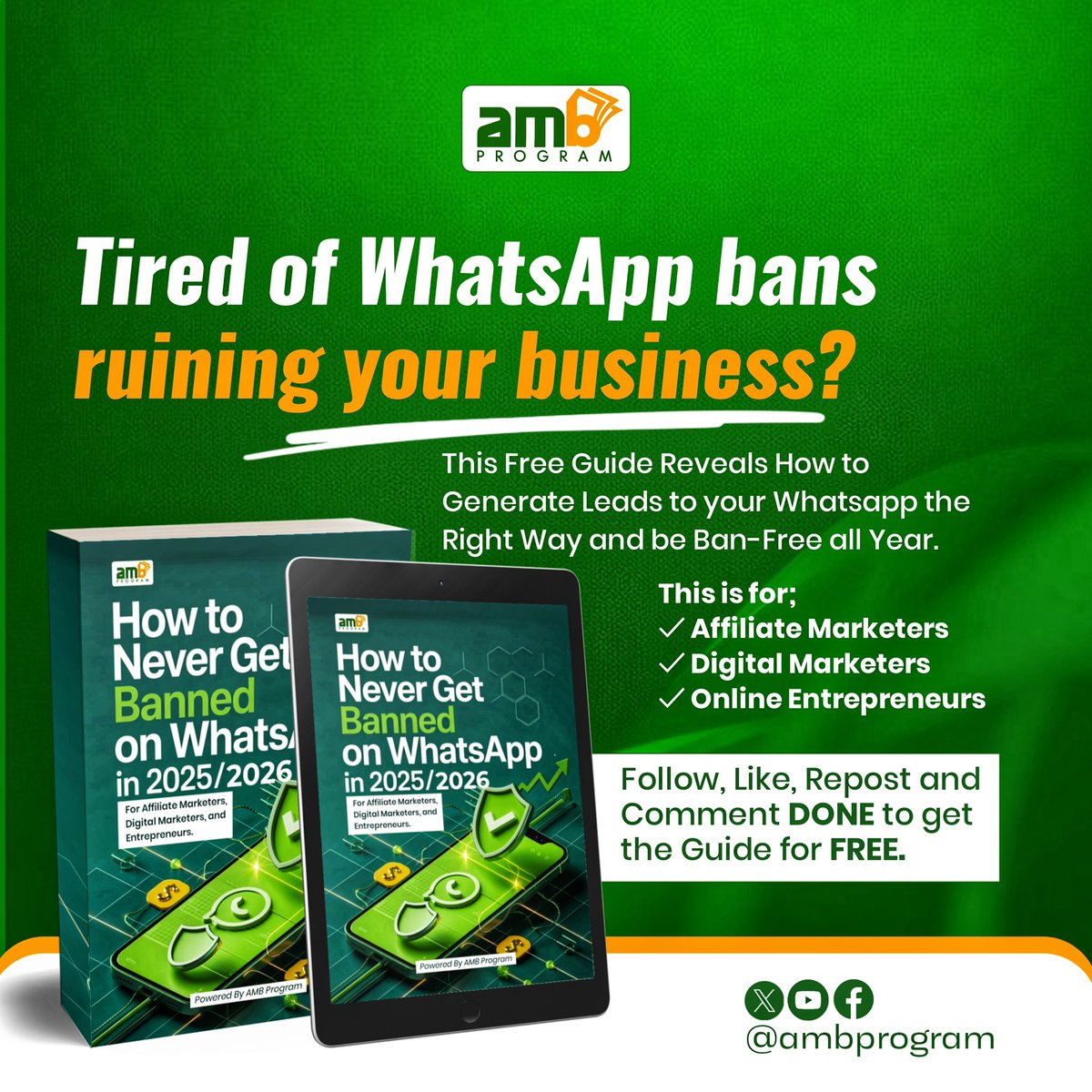 ambprogram's tweet image. Are you an affiliate marketer,
digital marketer or
online entrepreneur

and you’re tired of facing constant WhatsApp bans🚫?

Good news, we have found the cause and the solution to it.💯✅

We have written a step by step guide on how you can avoid getting banned on WhatsApp this…
