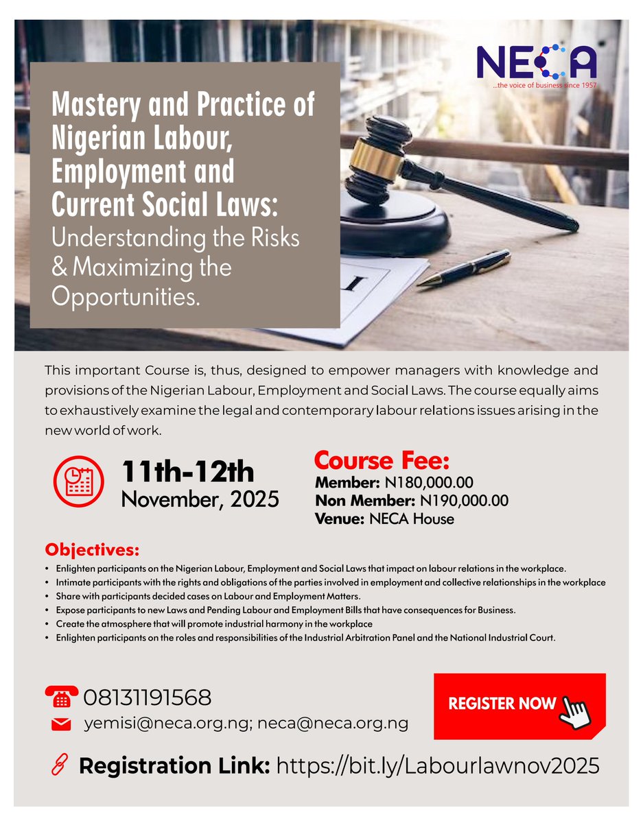 Are you up to date with Nigeria’s Labour, Employment, and Social Laws?

Join us for a transformative 2-day course titled:
Mastery and Practice of Nigerian Labour, Employment and Current Social Laws
Theme: Understanding the Risks &amp; Maximizing the Opportunities

Date: 11th – 12th