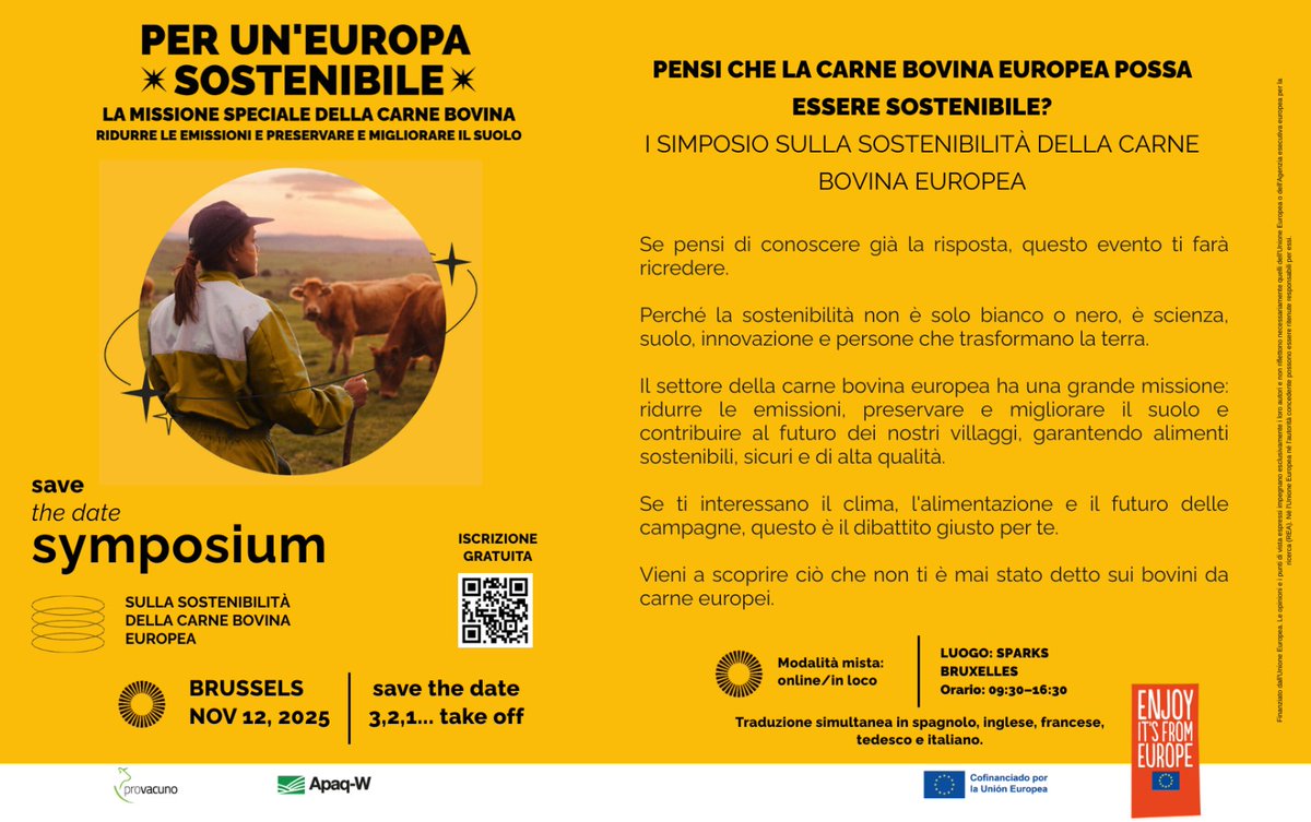 SostenCarni's tweet photo. “Primo Simposio sulla Sostenibilità del Manzo Europeo”
🐄La #CarneBovina europea può fare la differenza, con più #innovazione, #sostenibilità e cura del suolo!
📍 #12novembre | 9:30-16:30
Registrati: https://t.co/FpYUhOkZBa https://t.co/wMpTU329md
