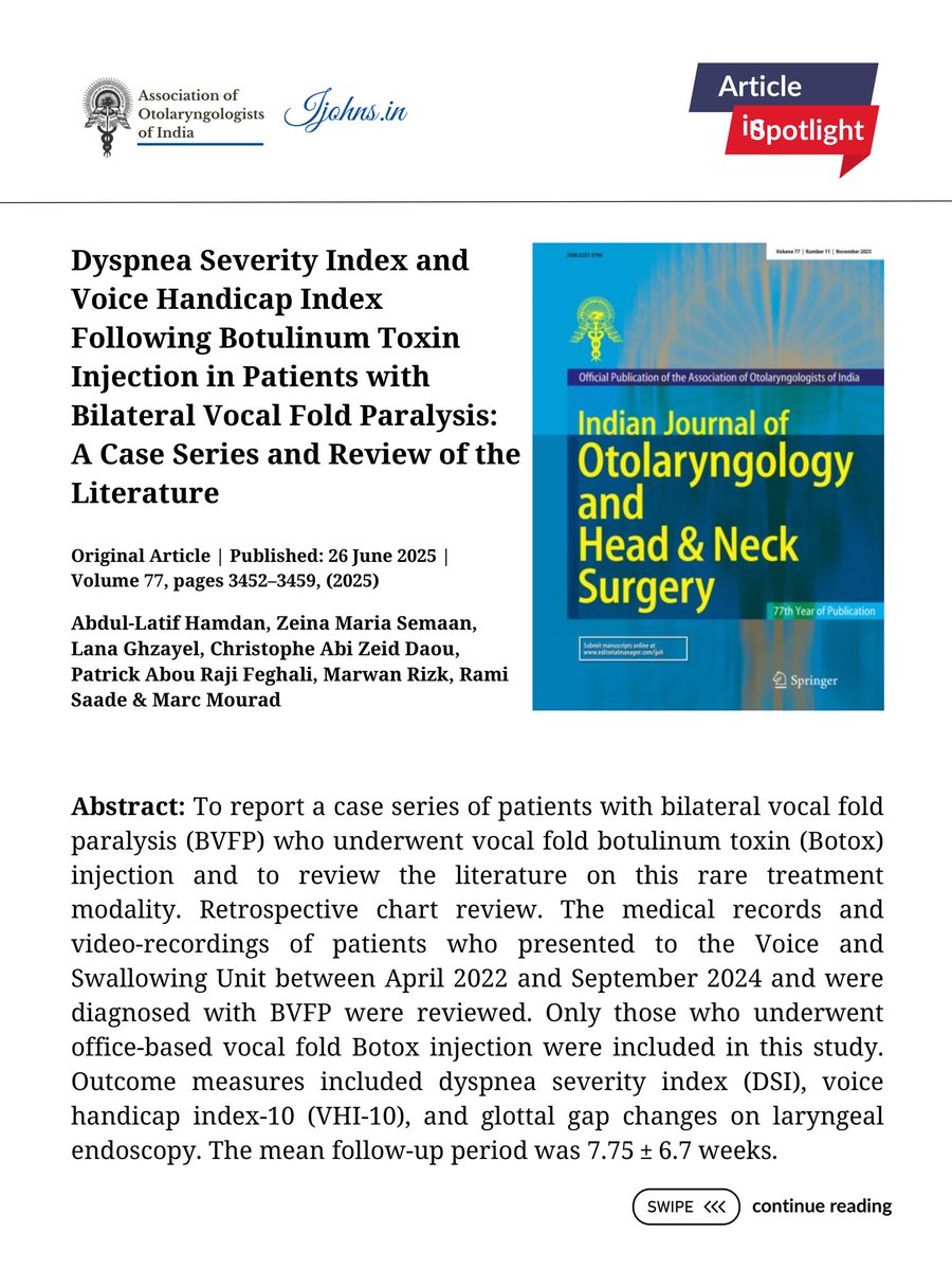 IJOHNS_AOI's tweet photo. 🩺 Article in Spotlight #IJOHNS!

Botulinum toxin (Botox) injections show promise for patients with bilateral vocal fold paralysis, improving both breathing &amp; voice quality.

🔍 Read the study: https://t.co/04QxIlxeUY

#ENT #Laryngology #VoiceDisorders #BVFP #AOI https://t.co/8KOz4LNLz0