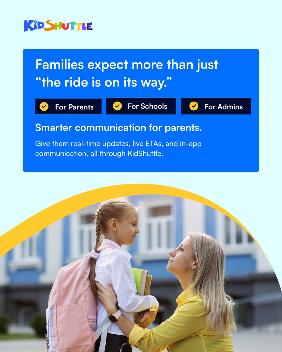 KidShuttleApp's tweet image. Parents expect more than just a ‘bus is coming’ notification.

KidShuttle provides live updates, precise ETAs &amp;amp; in-app messaging for parents.

Families stay informed without calling, texting or worrying. 

Book free demo:
kidshuttleapp.com/Contact-Page

#studenttransportationsoftware