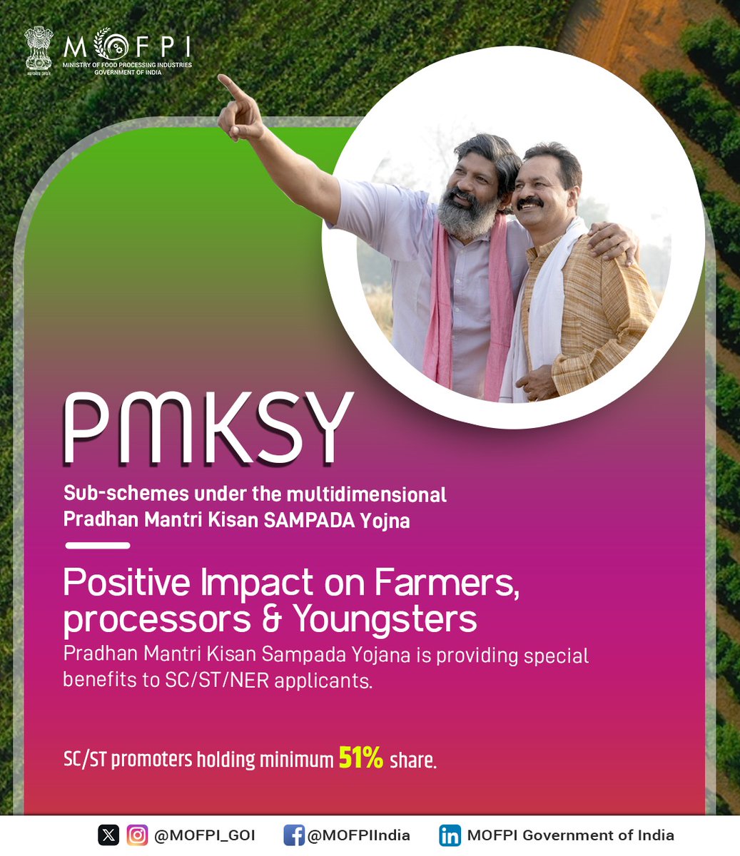 MOFPI_GOI's tweet image. #PMKSY is driving growth in India’s food processing sector by building modern infrastructure, supporting farmers with better prices, boosting employment and reducing post-harvest losses.

Learn more: Sampada-mofpi.gov.in

#ProcessingForProsperity