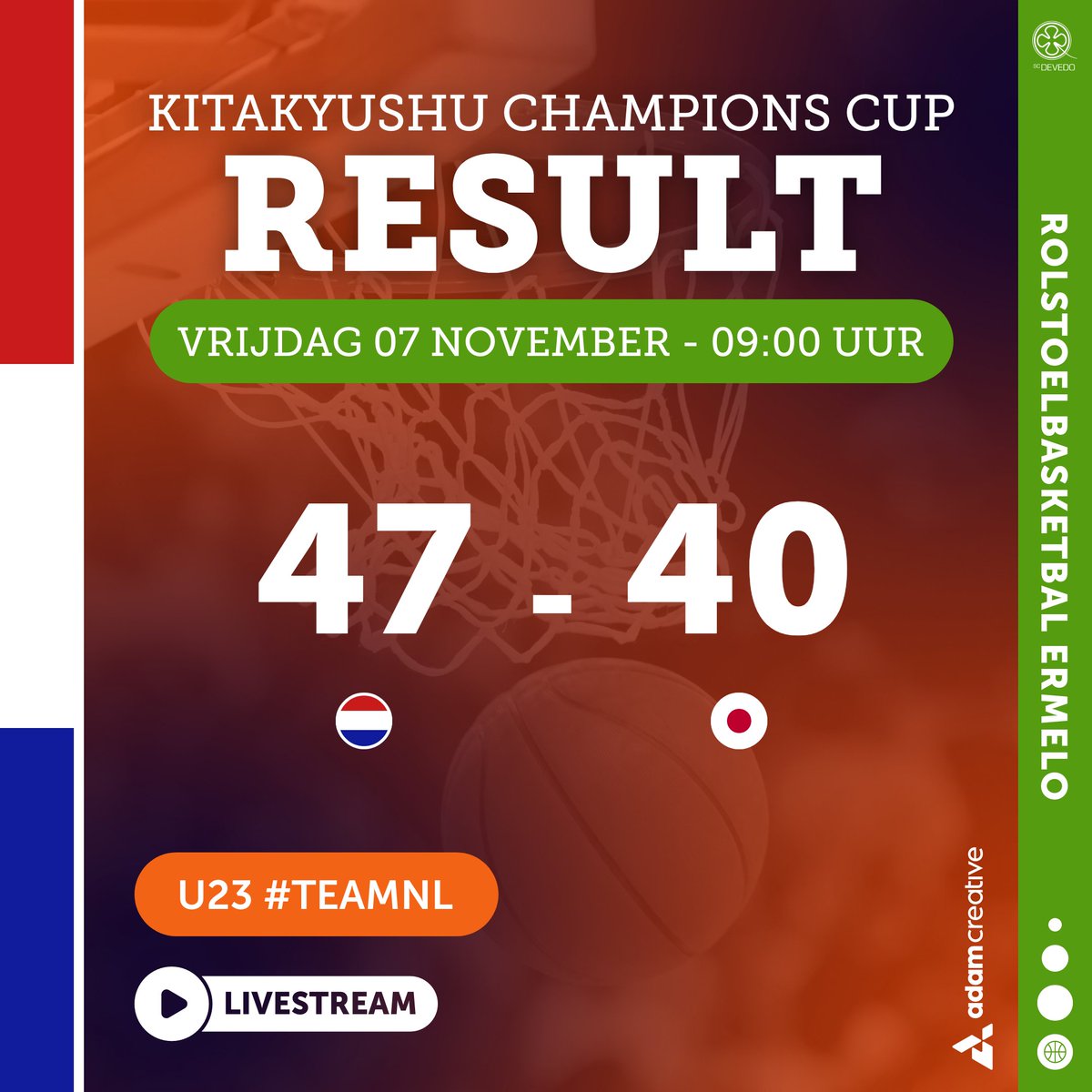 #RESULT Beide wedstrijden wint #TeamNL. Van Australië wint de ploeg met 51-64 en van Japan met 47-40. #rolstoelbasketbal #Kitakyushu #KitakyushuChampionsCup