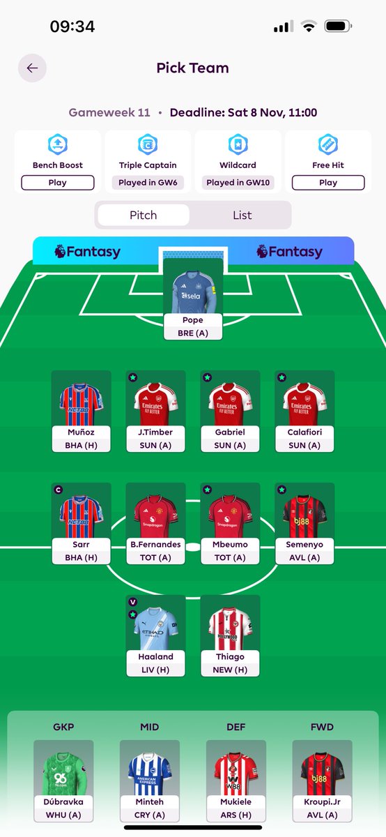 GW11 team as it stands! 🙌
1 FT 🩵
£0.0m ITB 🫣

Sarr captain if we get the all clear! 😍

Happy enough only downside is no Chelsea assets. 🫨

Thoughts ? 💭 

Let’s talk FPL 🗣️ 

#FPLCommunity #FPL #FantasyFootball