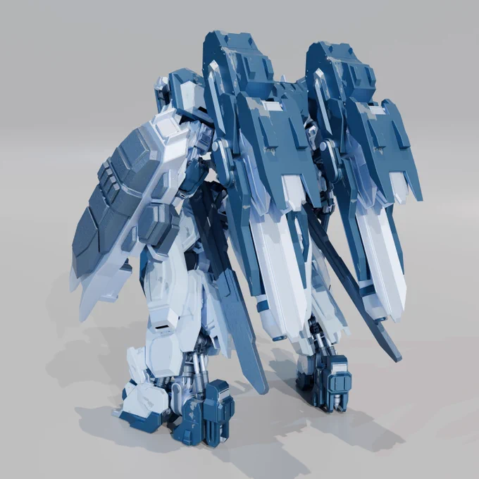 武器もできあがった～! ①標準的だけどゴツめのレールカノンライフル! ②分厚くて重たそうな武器内蔵シールド! ③腰に提げた2振りのロングブレード! ④両脇に備えた2振りのダガー! 汎用性を重視しつつも、ハイパワーな機体特性をフルに活かすための大火力兵装を積んでいますね