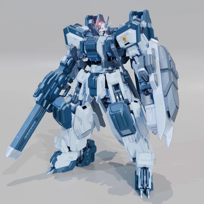 武器もできあがった～! ①標準的だけどゴツめのレールカノンライフル! ②分厚くて重たそうな武器内蔵シールド! ③腰に提げた2振りのロングブレード! ④両脇に備えた2振りのダガー! 汎用性を重視しつつも、ハイパワーな機体特性をフルに活かすための大火力兵装を積んでいますね