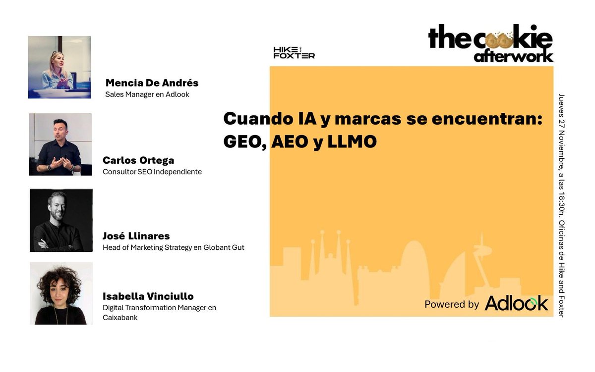 Este próximo 27 de noviembre a partir de las 18:30 tendré el placer de poder formar parte de la mesa de debate en <a href="/cookieafterwork/">The cookie afterwork</a> donde hablaremos de:

➡️ Cuando IA y marcas se encuentran: GEO, AEO y LLMO

¡Con muchas ganas de hablar del tema! 😁