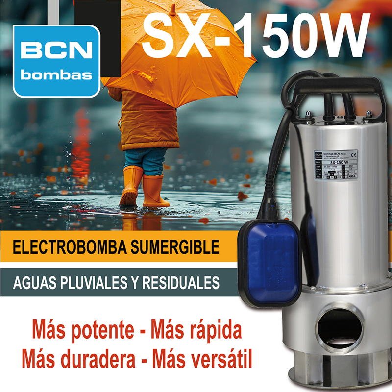 Electrobomba sumergible SX-150W de BCN bombas. Ideal para achique de aguas pluviales y bombeo de aguas residuales domésticas. Es más POTENTE, altura manométrica de hasta 11 m., más RÁPIDA, 22500 l/h, más VERSÁTIL, paso de sólidos de 40 mm de diámetro y más DURADERA, acero inox.