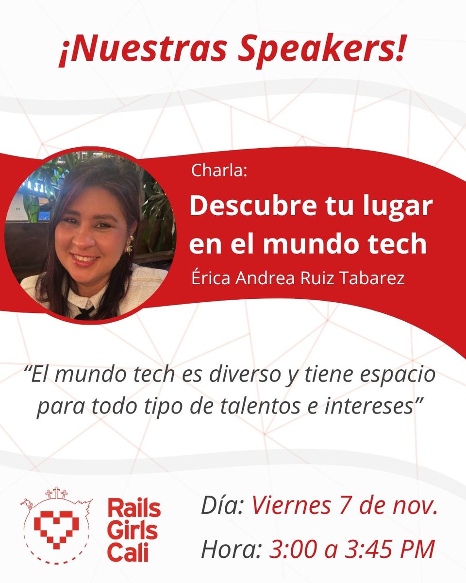 💬  Érica Andrea Ruiz Tabarez — “Descubre tu lugar en el mundo tech”

💻 El mundo tech es diverso, vibrante y está lleno de oportunidades.

Érica Andrea Ruiz Tabarez nos inspira a creer que todas tenemos un lugar en la tecnología, sin importar de dónde venimos o qué soñamos. 🌍💫