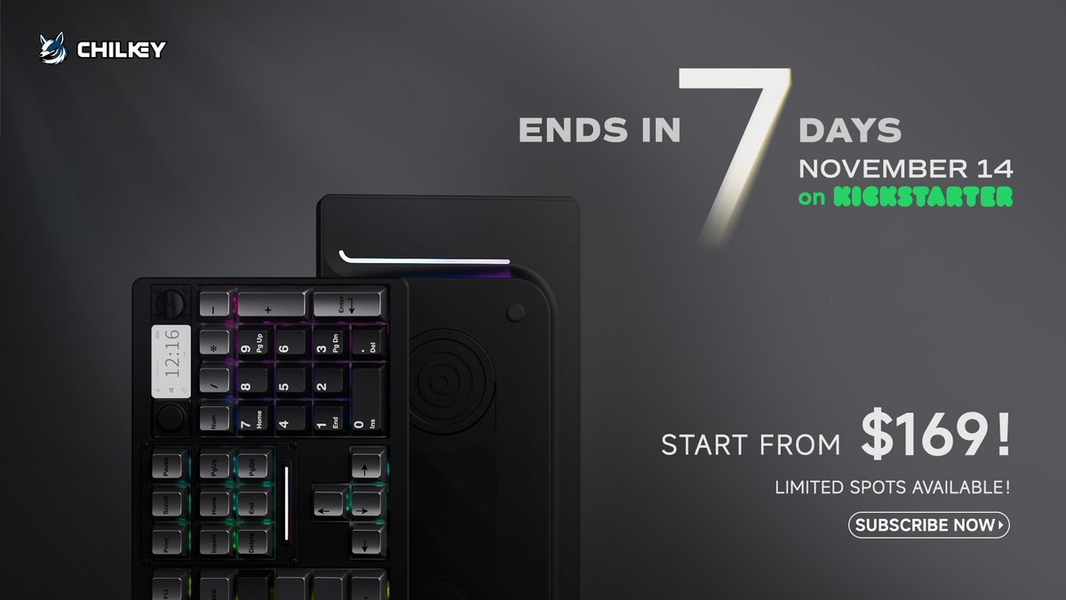 Chilkeykeeb's tweet image. 🚨 7 DAYS LEFT! 🚨

Chilkey ND104 closes its Kickstarter campaign in ONE WEEK! ⌛

🔥 ENDS ON NOVEMBER 14
🔥 STARTING FROM JUST $169
🔥 LIMITED SPOTS REMAINING!

👉reurl.cc/axoD0Z

#Chilkey #ND104 #Keyboard 
#MechanicalKeyboard #Kickstarter