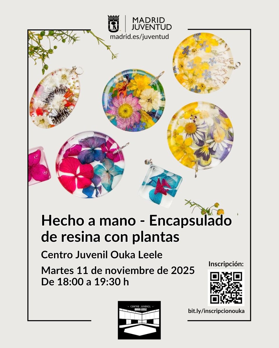 MadridJuventud's tweet image. Hecho a Mano – Encapsulado de resina con plantas. 

Martes 11 de noviembre, de 18 a 19:3 h en el CJ Ouka Leele. 15 plazas. Gratis. Inscripciones en bit.ly/inscripcionouka 

Más info en actividades@cjoukaleele.com o WhatsApp 660338938.

#cjoukaleele #madridesjoven #hechoamano