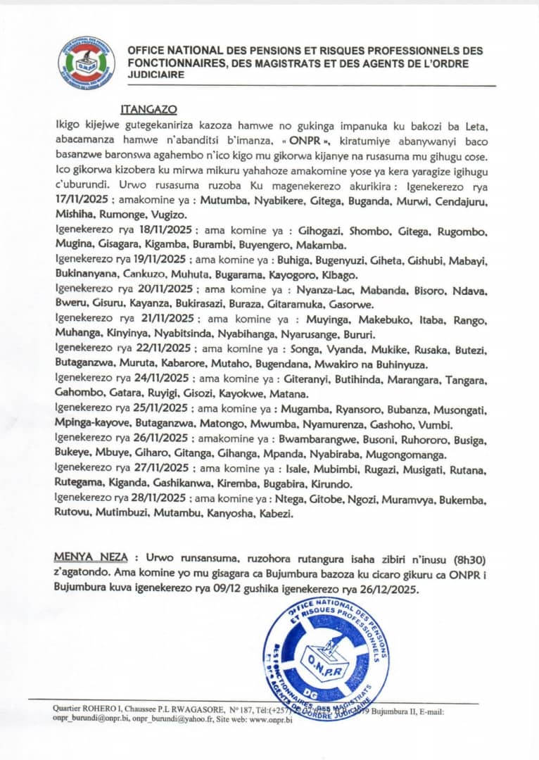 Onpr2018's tweet image. Ikigo #ONPR kiratumiye abanwanyi baco basanzwe baronswa agahembo kabo na #ONPR kwitabira rusasuma izotangura kuva igen rya 17/11/2025 ku vyicaro vya ma komine ya kera no kuva kuwa 9/12/2025 kubaba mu gisagara ca Bujumbura.