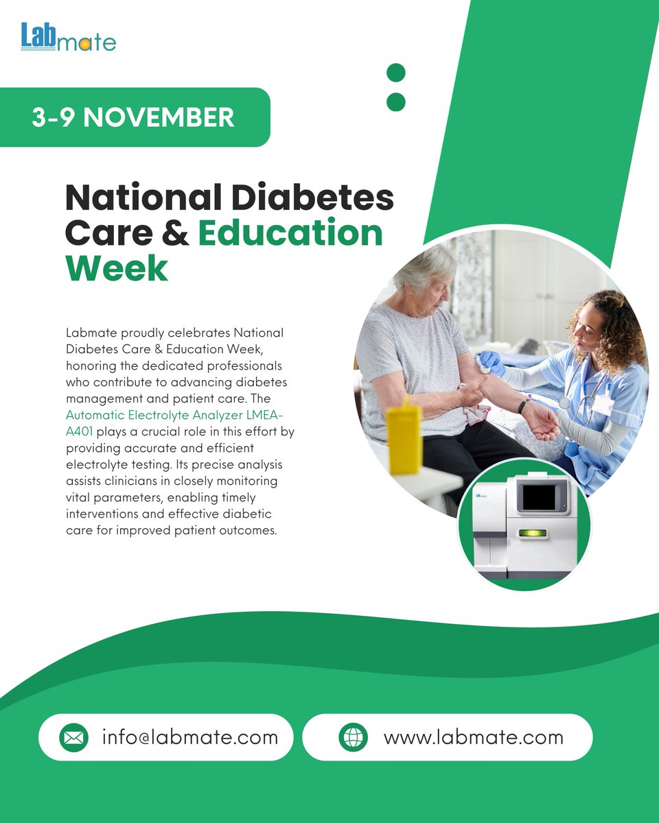 labmateINC's tweet image. Labmate honors National Diabetes Care &amp;amp; Education Week with the Automatic Electrolyte Analyzer LMEA-A401, offering precise testing for better patient outcomes.

Email: info@labmate.com

Website:  labmate.com/automatic-elec…

#Labmate #ElectrolyteAnalyzer