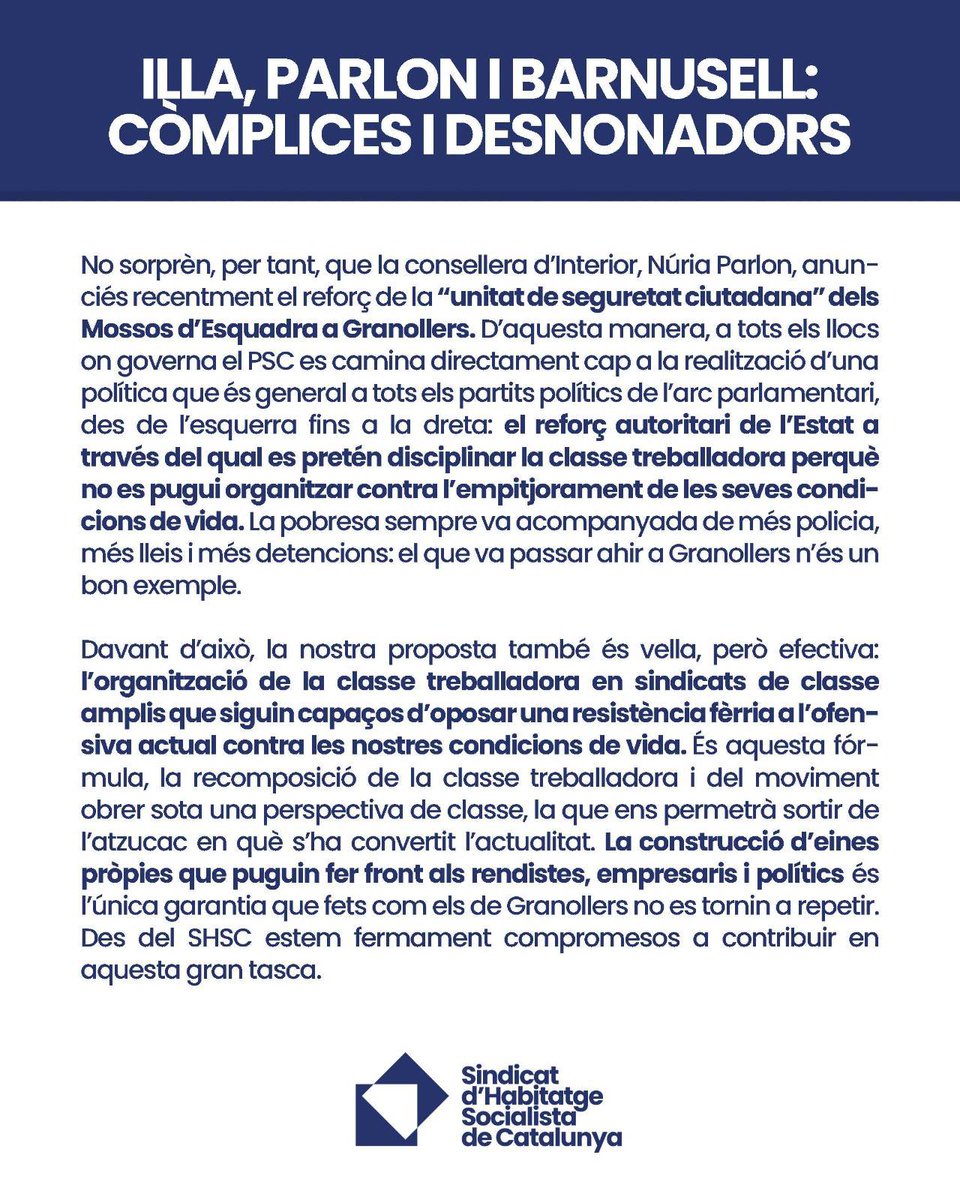 SindicatHabSC's tweet image. 🔵 𝐈𝐋𝐋𝐀, 𝐏𝐀𝐑𝐋𝐎𝐍 𝐈 𝐁𝐀𝐑𝐍𝐔𝐒𝐄𝐋𝐋: 𝐂𝐎̀𝐌𝐏𝐋𝐈𝐂𝐄𝐒 𝐈 𝐃𝐄𝐒𝐍𝐎𝐍𝐀𝐃𝐎𝐑𝐒

Quines són les polítiques d’habitatge del PSC?
Com són les seves mesures allà on governa?

A Granollers, a Barcelona i a Mataró, necessitem enfortir les organitzacions de classe!