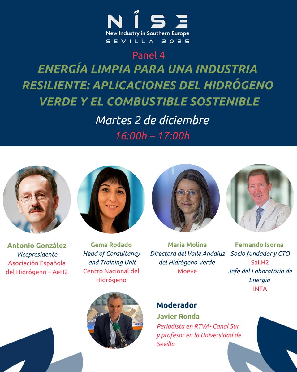 nisesevilla's tweet image. 🌱 Can #GreenHydrogen transform Spanish #industry?

🗓️ At #NISESevilla2025, sector experts will debate clean #energy and sustainable fuels for a resilient industrial future.
🎙️ Moderator: @javier_ronda 
👥 Speakers: @AeH2_ENG @cnh2_es @MoeveGlobal @sailh2ing