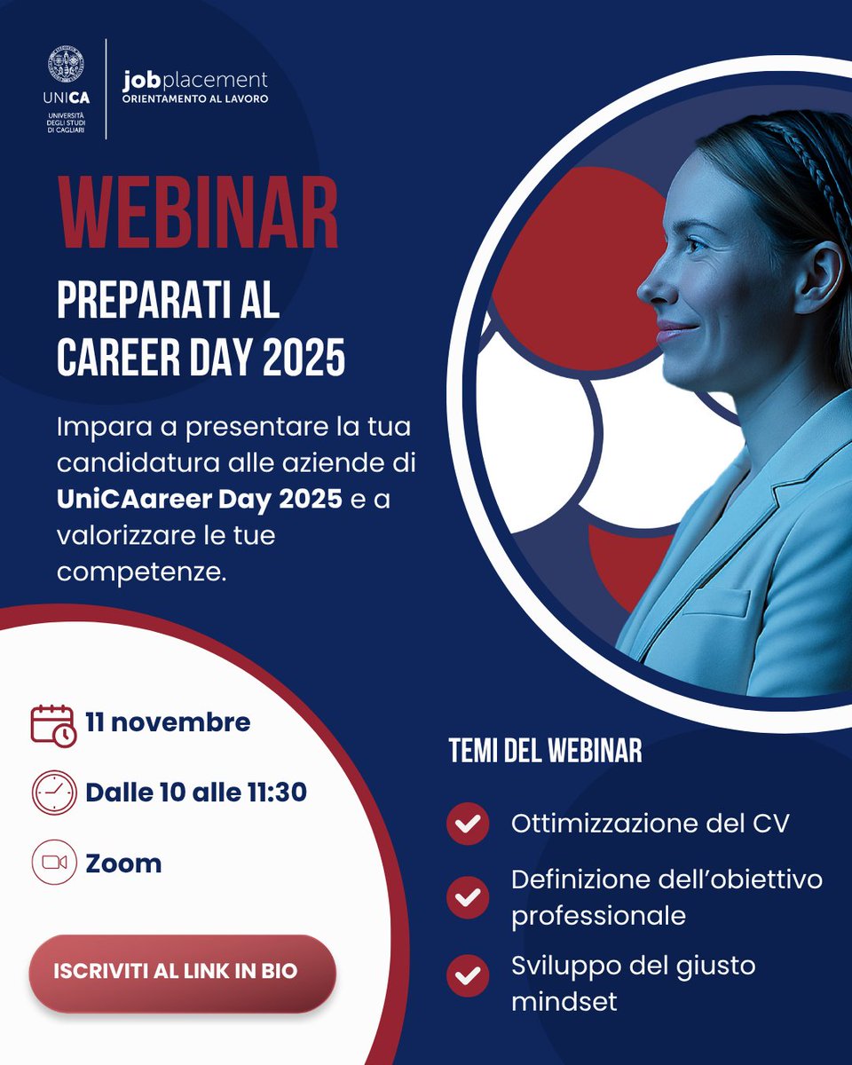 🎯 Preparati per UniCAreer Day 2025!
Se studi o ti sei laureato/a a UniCa, partecipa al webinar gratuito per migliorare la tua candidatura alle aziende del Career Day 🚀

📅 11 nov | 🕙 10:00–11:30 | 💻 Zoom
👉 Iscriviti qui: forms.office.com/e/mPBBeXkBRn